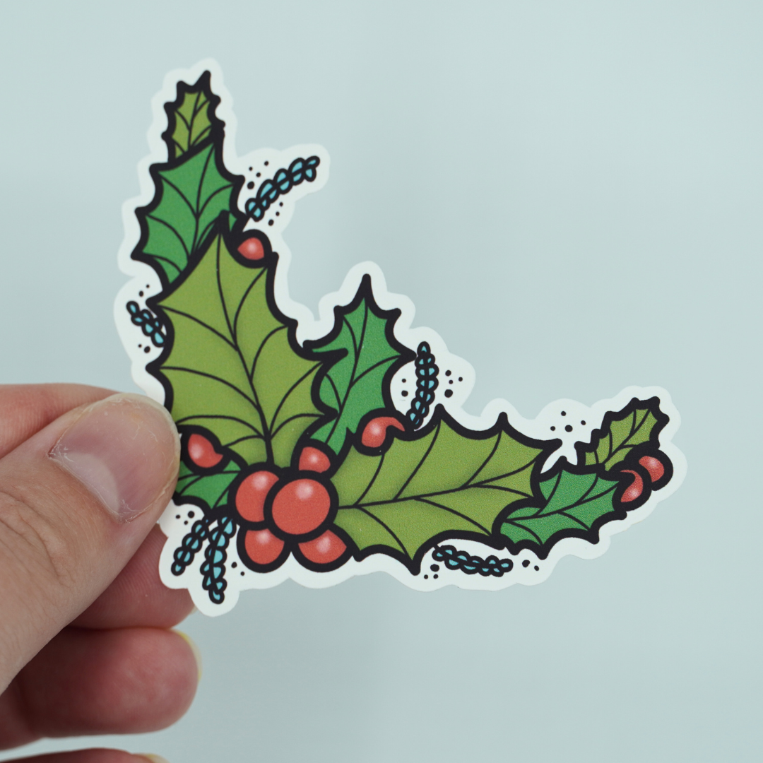 Winter Holley Corner Die Cut Vinyl Sticker